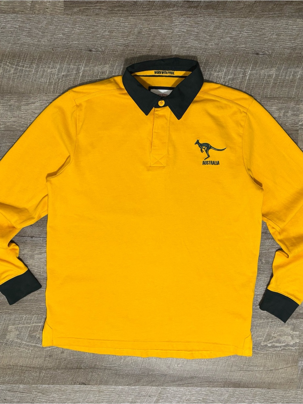Y2K Australia Rugby Shirt Mens S Gold Rugby Embroidered Crest Polo Collar Jersey